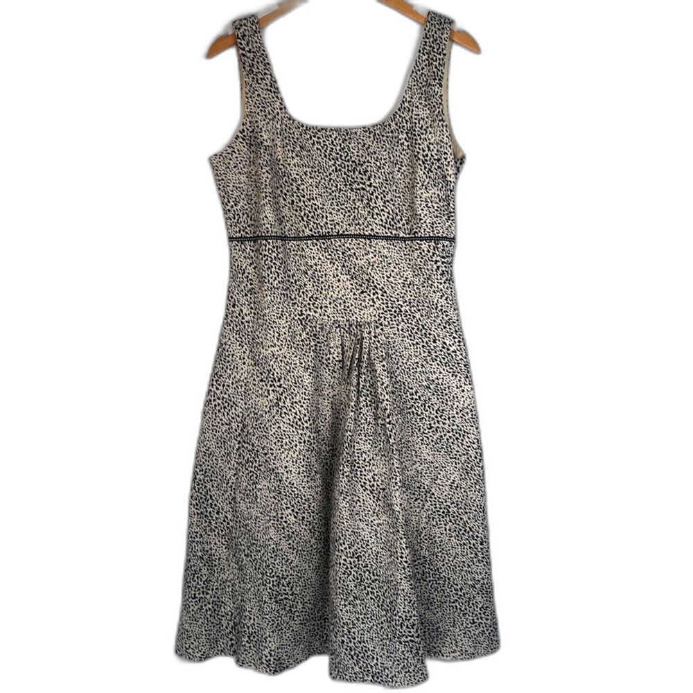 Lapis Black & Cream Animal Print Linen Blend Empire Waist Fit & Flare Dress LG